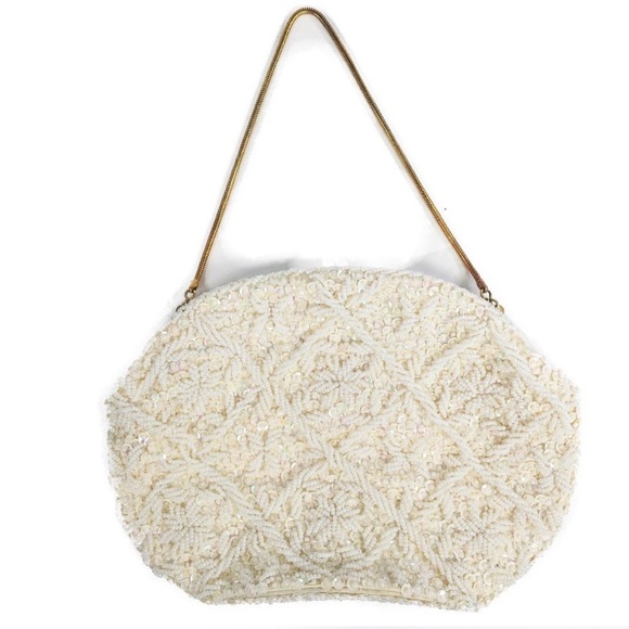 Vintage 60s La Regale White Beaded Sequin Evening Bag Purse 8" Frame Cocktail - Picture 2 of 8